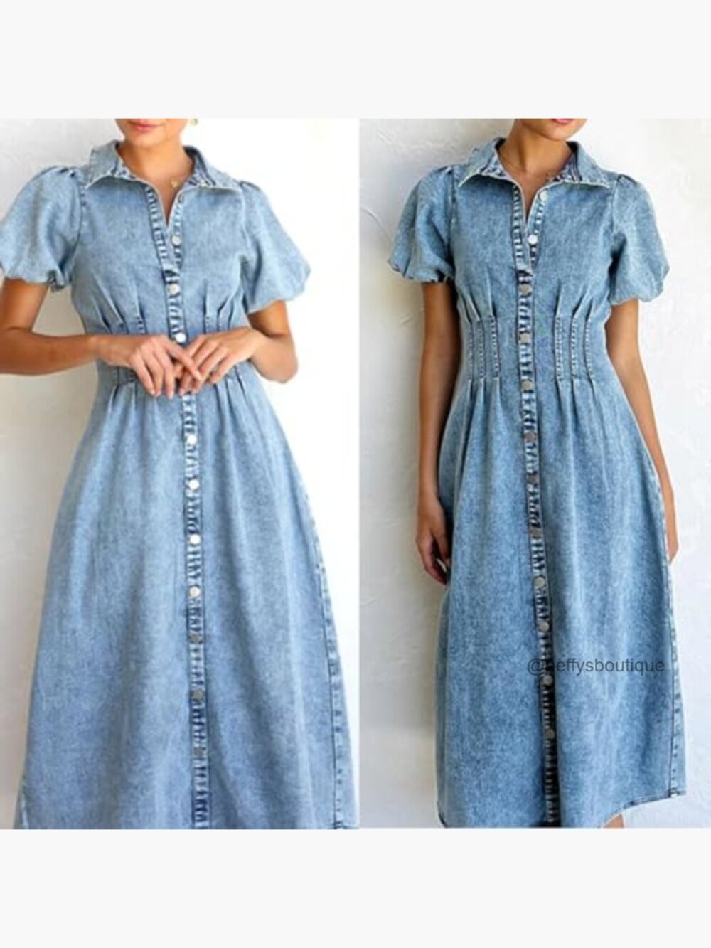 Women's Long Denim Dress Puff Sleeve Button Down Casual Slim Fit Midi Jean - Picture 4 of 7
